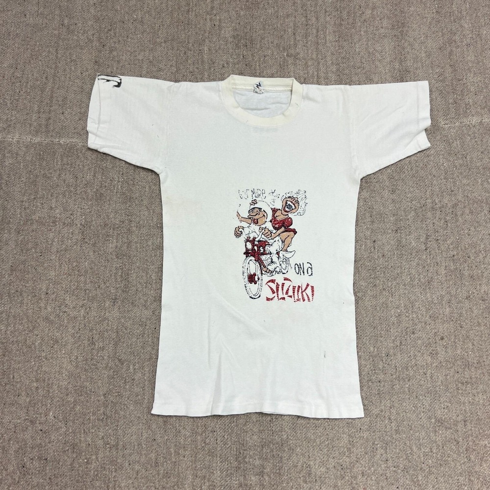 Vintage Suzuki Shirt Mens XS White 1960s Iron On Motorcycle Amcrest